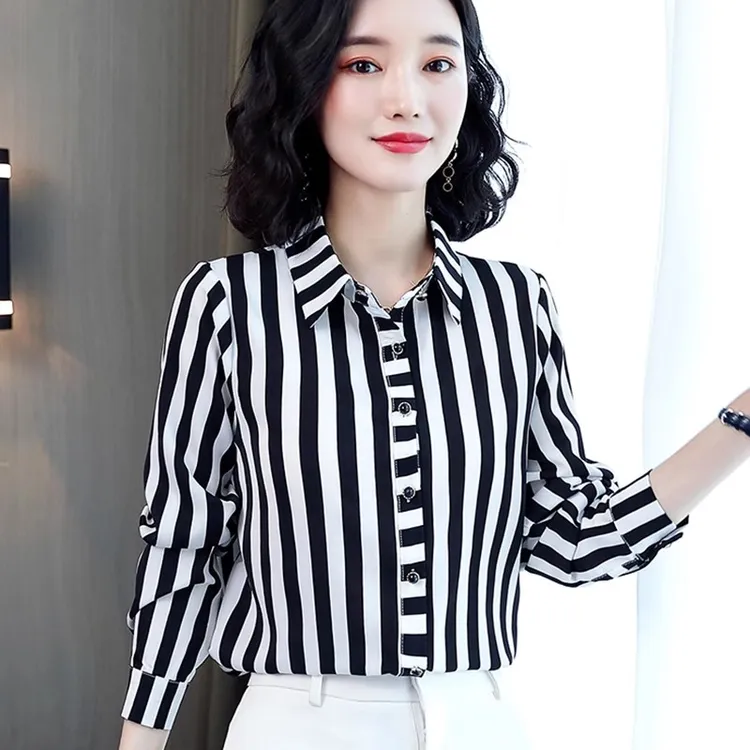 黑白撞色条纹衬衫女秋装设计感职业通勤法式洋气女士POLO领衬衣