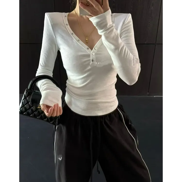 纯欲V领磨毛打底衫女2025秋冬新款韩版设计感辣妹修身显瘦长袖T恤