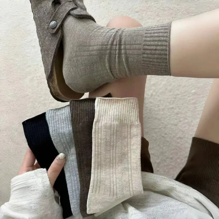 【6双装】纯色复古咖色系美拉德中筒棉袜韩系百搭堆堆袜