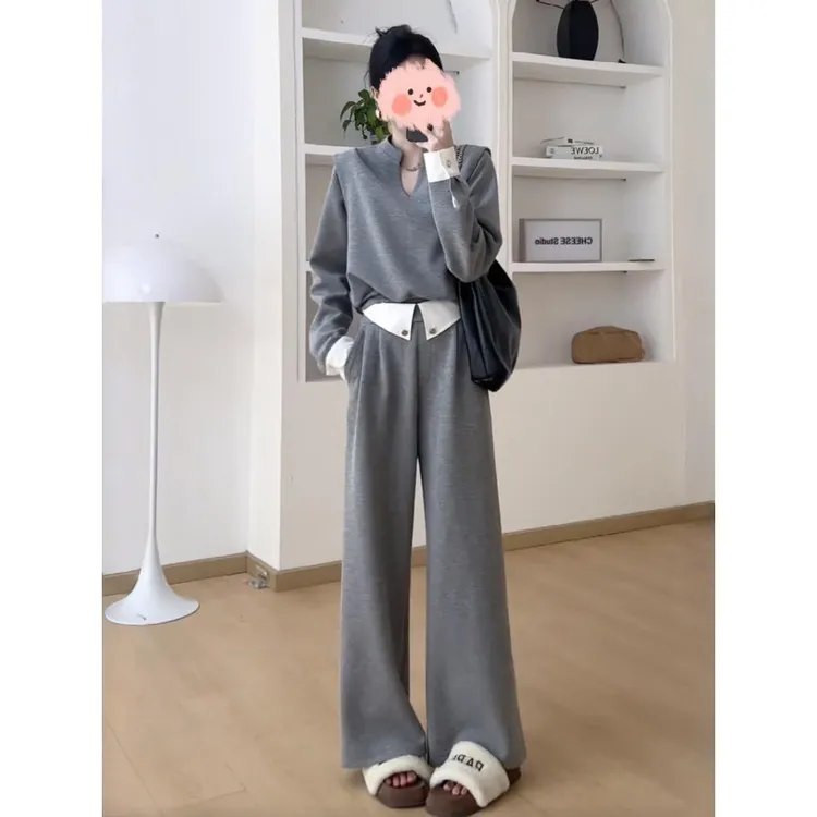 时尚韩版小V领拼接小众气质长袖上衣早秋新款高腰休闲裤子两件套