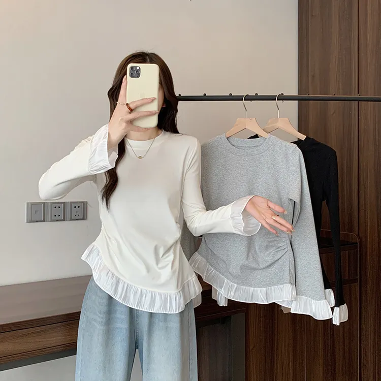 外出哺乳百搭拼接荷叶边打底长袖喂奶上衣打底显瘦百搭