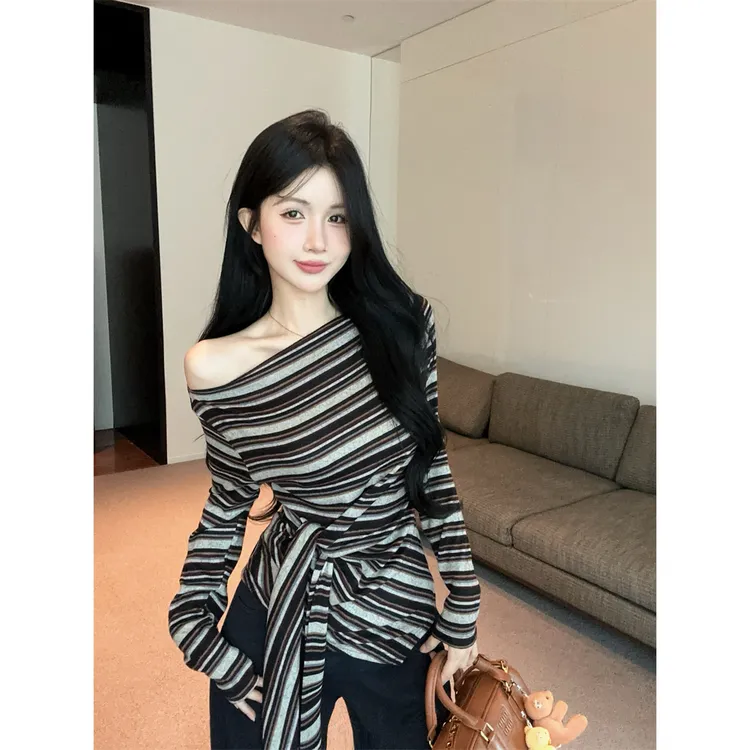 甜辣风斜肩条纹长袖T恤女2025秋季新款绑带设计感收腰显瘦上衣ins