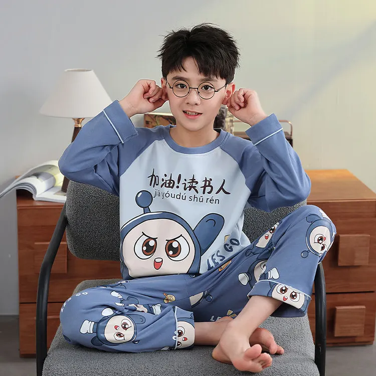 男童睡衣长袖圆领秋季新款卡通印花小男孩中大童家居服套装可外穿