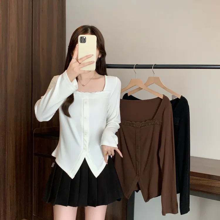 大码女装2025秋季设计感百搭长袖t恤胖mm小个子正肩方领上衣80355