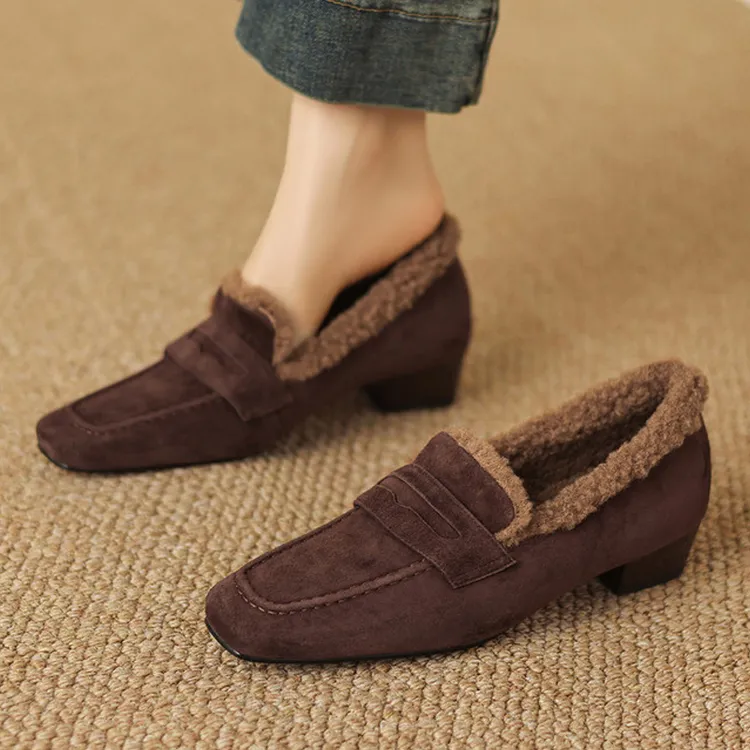 真皮冬季毛毛鞋英伦风复古方头单鞋女百搭中粗跟加绒保暖乐福鞋子