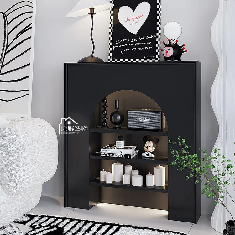 法式带灯黑色真壁炉装饰柜家用客厅玄关柜直播间民展示置物架