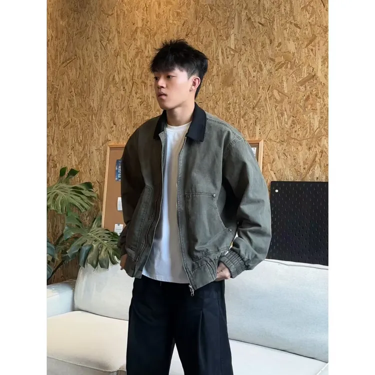 日系底特律工装夹克翻领潮流牛仔休闲复古宽松百搭冬季做旧外套