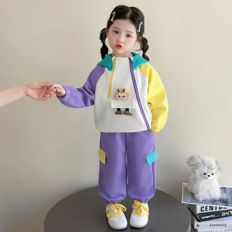 女童秋款套装2025新款洋气卡通拼色连帽女宝宝春秋季超好看两件套