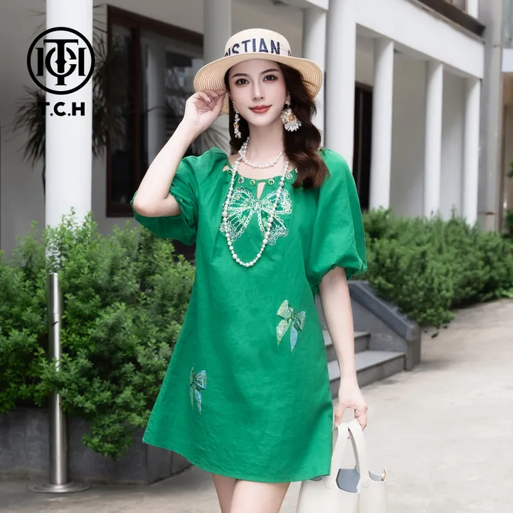 TCH私服烫钻工艺时尚休闲百搭蝴蝶结连衣裙女T75B30E5049轻奢tch