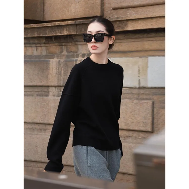 100%美丽诺羊毛圆领毛衣加设计感弯刀裤套装宽松休闲时尚毛衣裤子