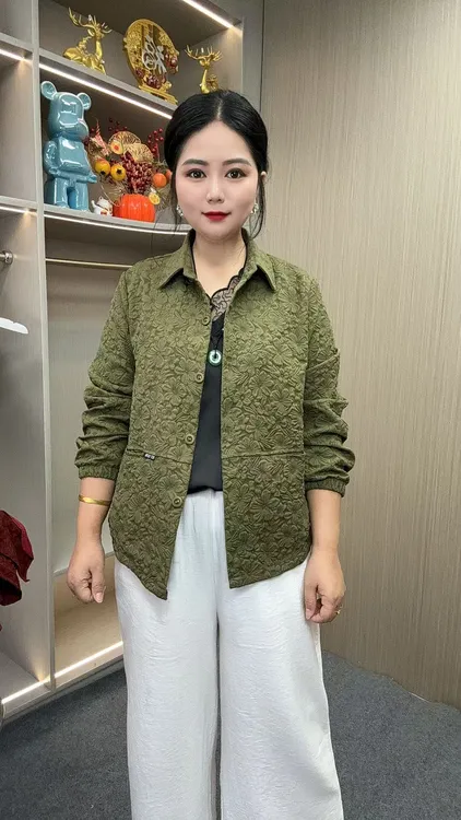 宽松型休闲风格纹时尚中老年女装秋冬女装外套百搭翻领