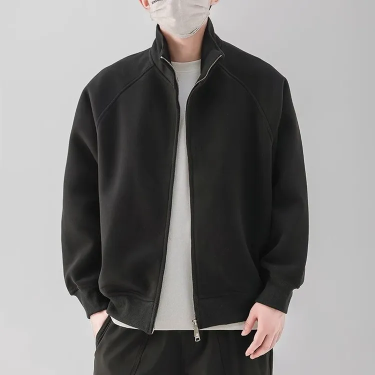 秋季新款男立领开衫卫衣秋冬美式拼接刺绣卫衣保暖运动宽松男士