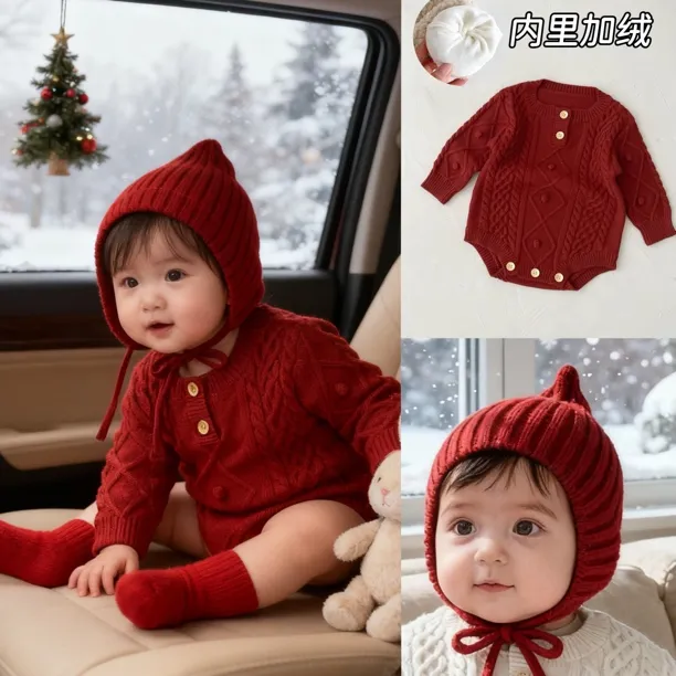 婴儿麻花针织包屁衣圣诞韩版宝宝秋冬爬服0-2岁婴童百搭毛线哈衣