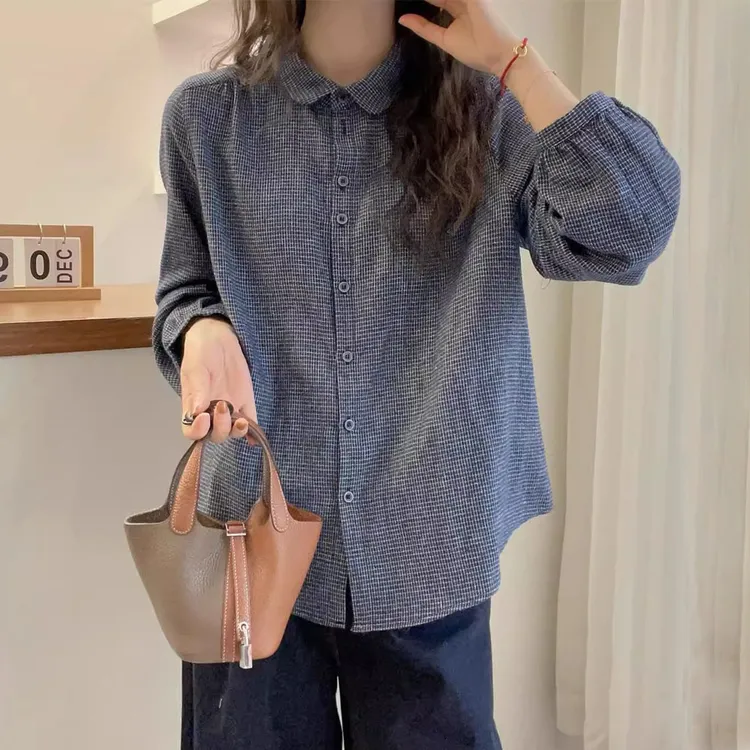 欧货小格子长袖衬衫女士早秋新款文艺复古纯棉灯笼袖翻领开衫衬衣