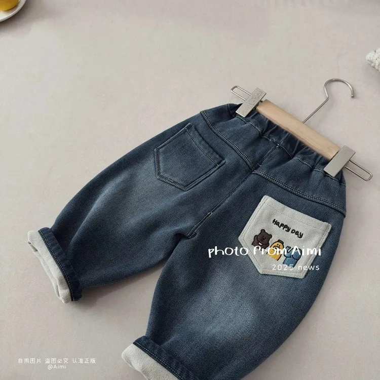 儿童牛仔长裤加绒秋冬款可爱绣花韩版潮品男女童姐弟装软牛仔裤子