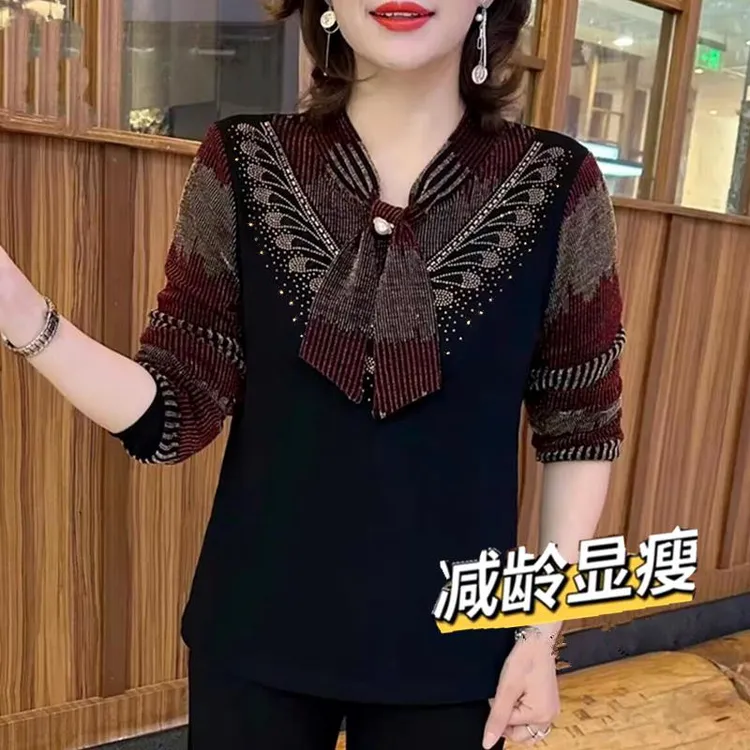 2025春款镶钻提花蕾丝打底衫长袖胖mm大码宽松显瘦假两件保暖上衣