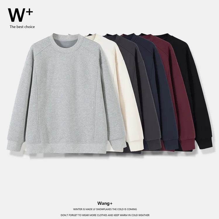 【Wang+】秋冬季男款情侣休闲简约加绒加厚圆领百搭卫衣9206