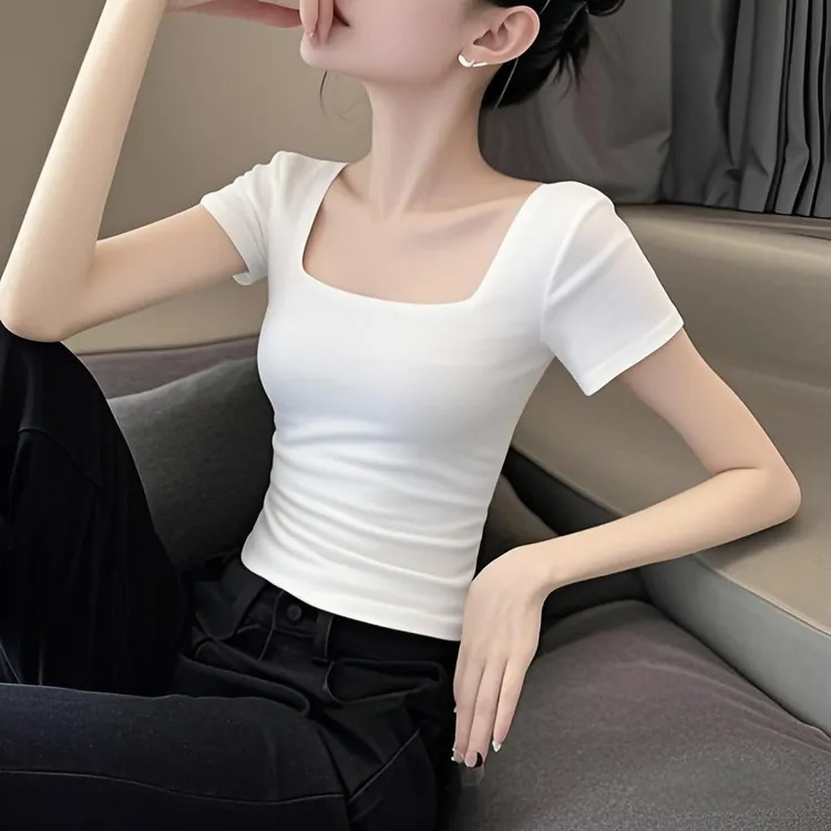 白色正肩方领短袖T恤女2025新款夏季气质显瘦设计感小众修身上衣