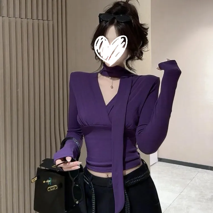 纯欲V领系带交叉长袖T恤女2025秋季新款打底衫女款爆款2025新款