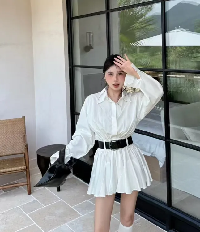 早秋新款韩版时尚高级感翻领长袖衬衫连衣裙（含腰带）98003
