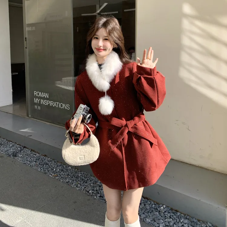 毛毛围脖腰带收腰时尚毛呢外套个性千金风少女感鸭绒保暖羽绒外套