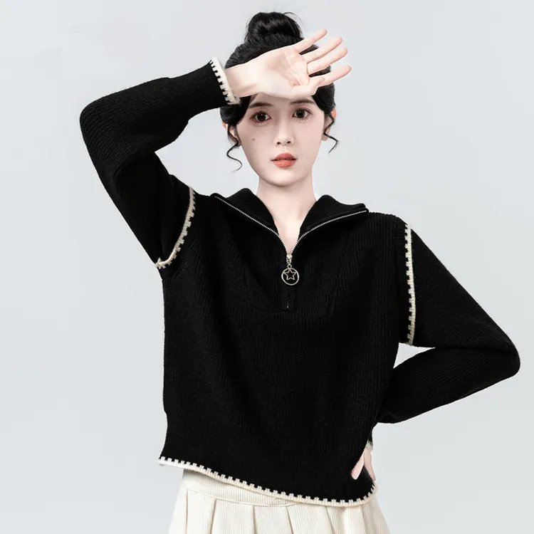 针织衫女2025新款秋冬款式韩版拉链套头显瘦长袖百搭白色翻领