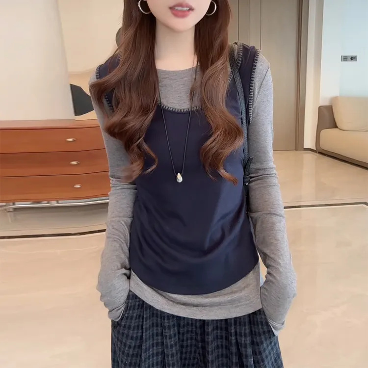 假两件撞色针织衫长袖t恤女2025春秋新款内搭打底衫修身显瘦上衣