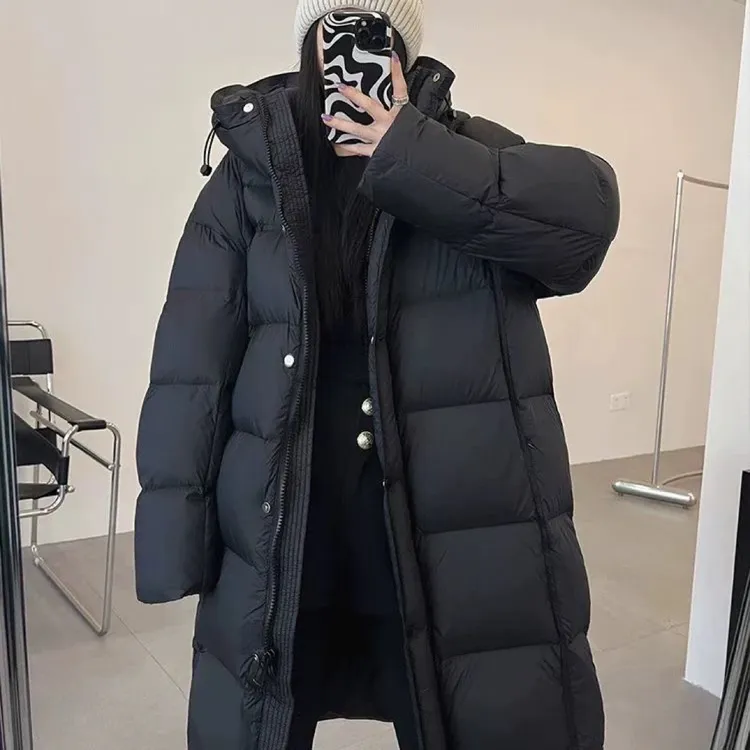 御寒加厚中长款90白鸭绒连帽羽绒服女冬新款云朵泡芙哑光无压外套