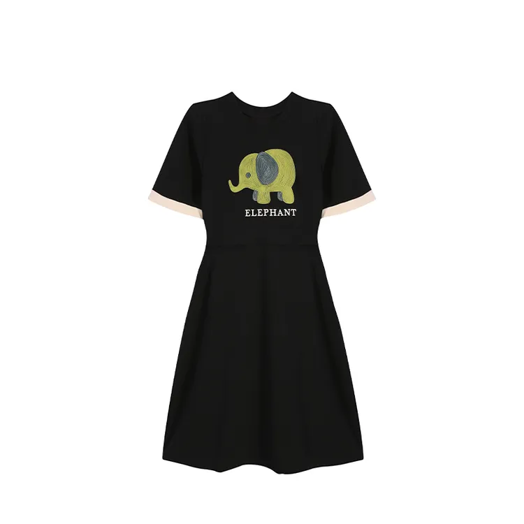 【五季家】新款假两件圆领印花收腰显瘦长裙ZL93197连衣裙真丝绒