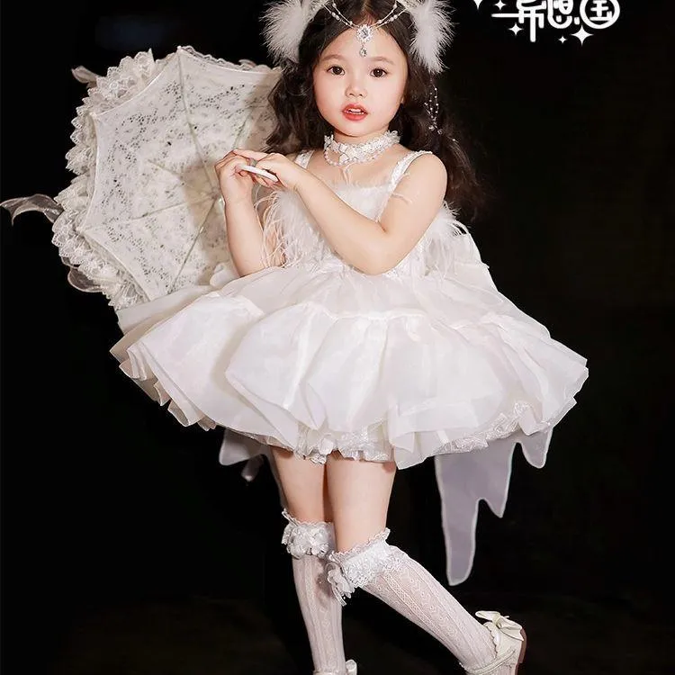 天鹅洛丽塔公主裙儿童绝美婚纱儿童生日礼服天使羽毛蓬蓬裙优质棉