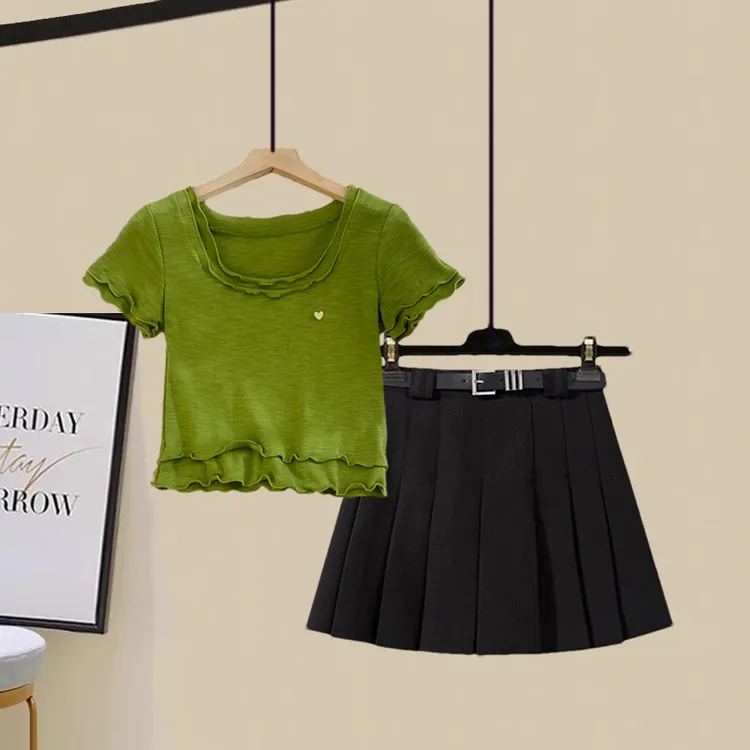 法式套装女夏季新款木耳边假两件T恤上衣防走光百褶裙减龄两件套