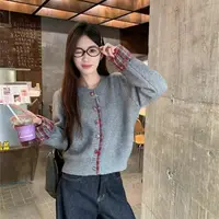 假两件格子拼接针织开衫女秋冬季软糯毛衣外套内穿搭灰色正肩上衣
