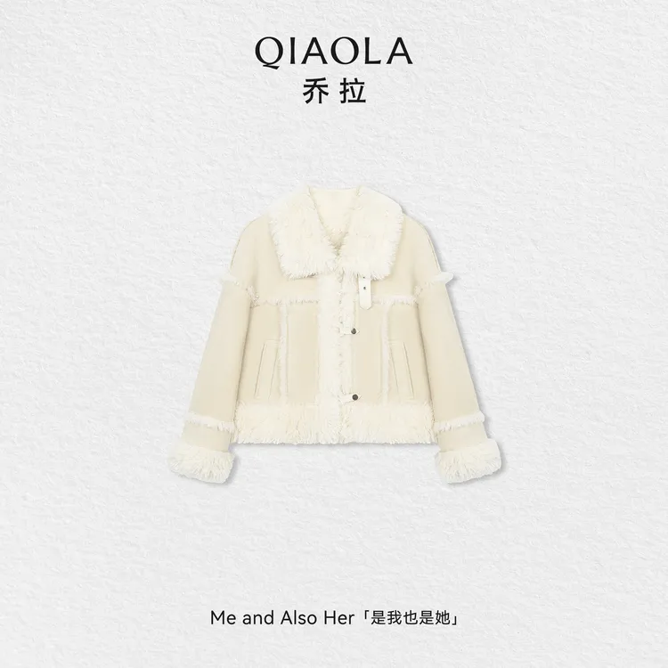 QIAOLA/乔拉【流樱热恋】秋冬精致仿皮毛一体时尚短款翻领设计外套