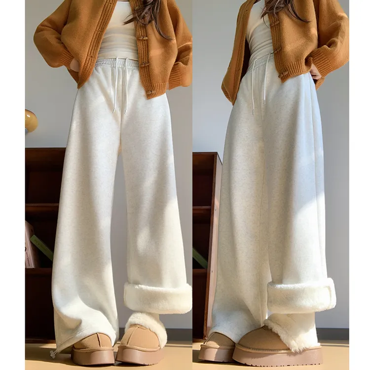 白灰色羊羔绒阔腿裤女秋冬款高腰垂感慵懒软糯休闲百搭加绒运动裤