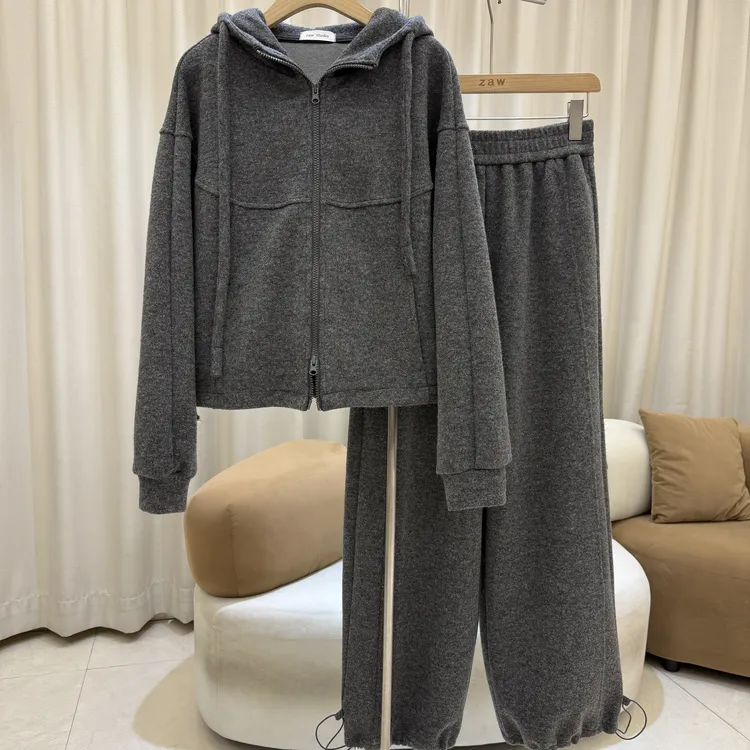 zaw大码宽松连帽拉链卫衣+显瘦遮肉阔腿卫裤休闲套装