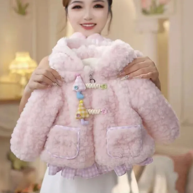 2025新款童装女童冬季女宝宝可爱连帽加绒加厚卡通毛毛衣棉服外套