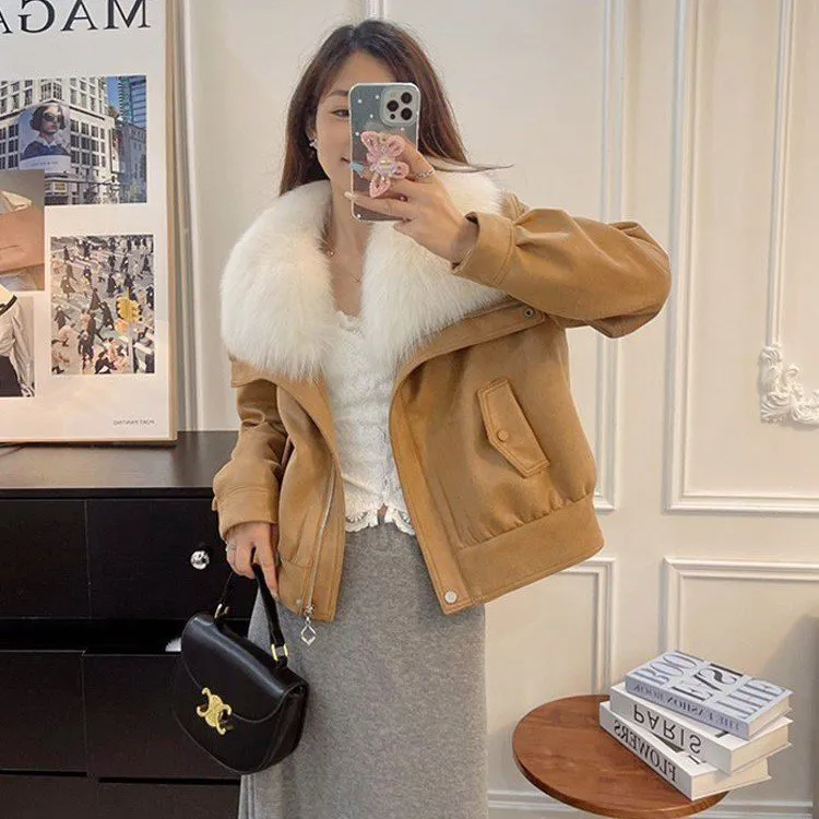 2025冬新款短款小香风仿毛皮外套皮草女大毛领加厚棉服环保皮外套