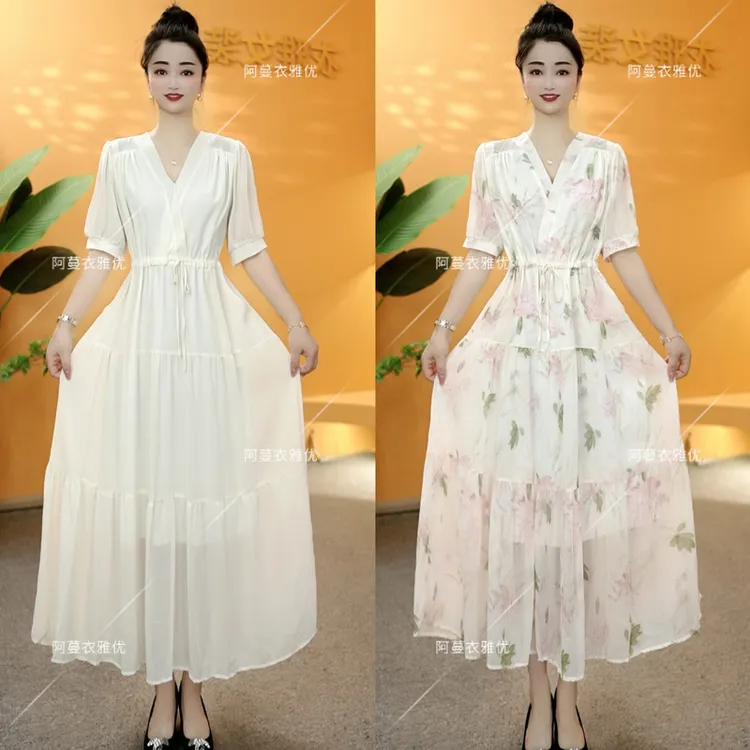 【衣雅严选】8062-1763#夏季新款双层雪纺纱显瘦长款系带蛋糕裙