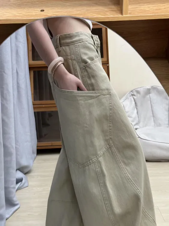 卡其色美式复古大口袋弯刀牛仔裤女秋季2025秋季新款阔腿工装裤子