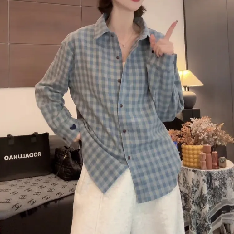 软糯磨毛Polo领松弛感衬衫女秋冬新款叠穿格子上衣设计感百搭衬衣