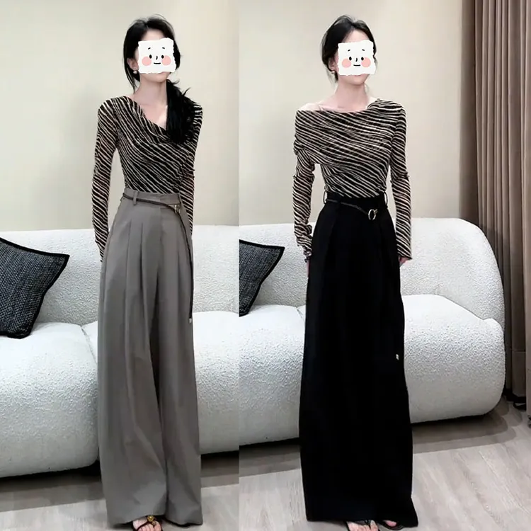 2025秋季新款设计感一整套荡领条纹长袖上衣女休闲阔腿裤两件套装