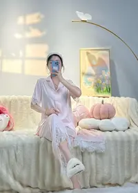2025夏季法式纯欲风水溶蕾丝拼接睡衣短袖长裤三件套家居服套装女