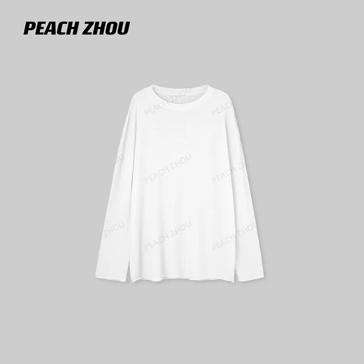 『PEACHZHOU』100亚麻毛织宽松圆领轻薄针织衫简约休闲松弛长袖罩衫