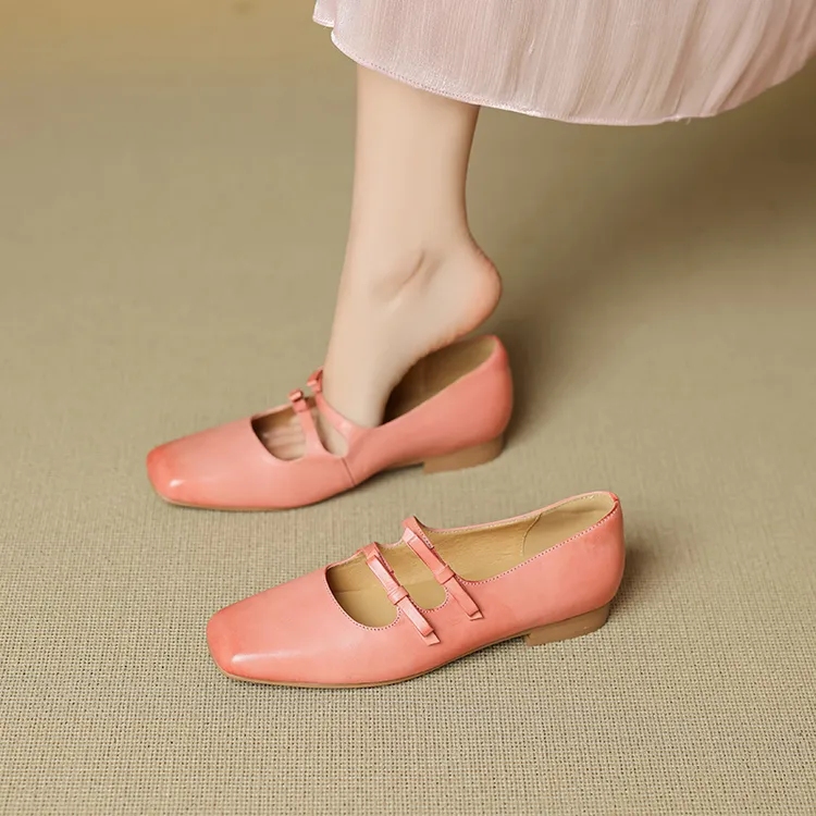 2025年春秋新款复古蝴蝶结玛丽珍鞋女真皮百搭中跟粉色粗跟单鞋女