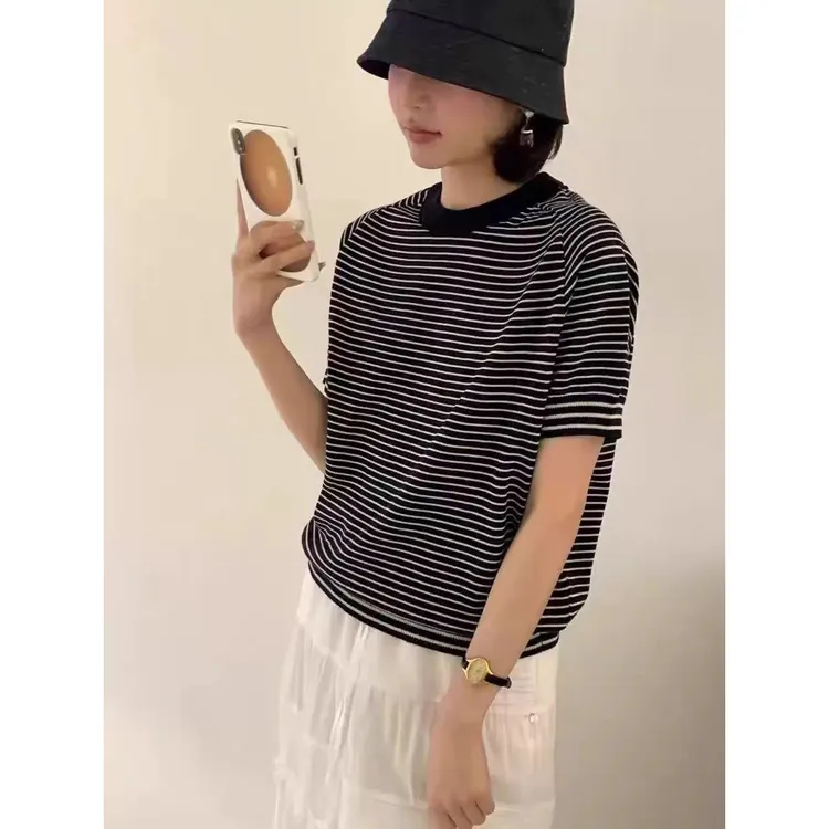 egg短袖圆领休闲风东大门条纹通勤T恤简约宽松显瘦黑白针织衫