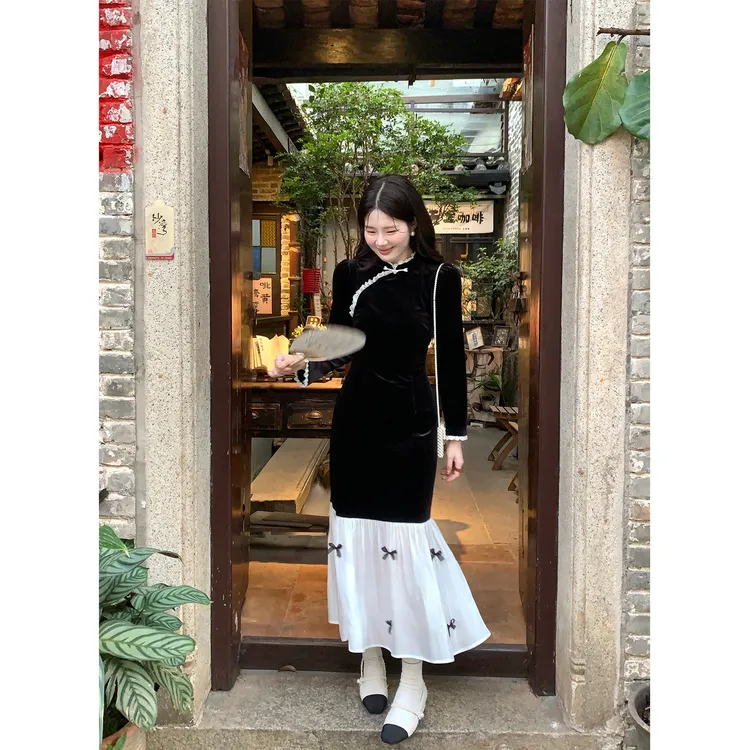 火火火【慢写冬绪】韩版气质法式拼接丝绒温柔风连衣裙L38378HH53