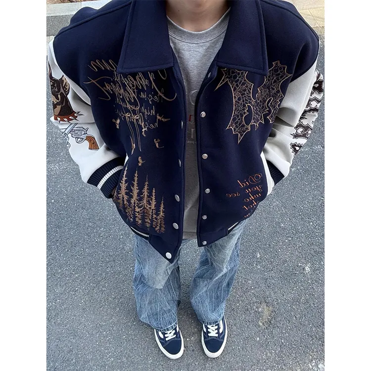 蓝色刺绣翻领夹克男款秋季美式高级感痞帅棒球服cleanfit廓形外套