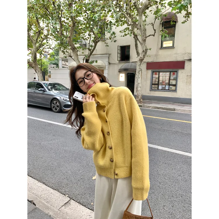 韩系秋冬季显瘦翻领加厚毛针织衫ins开衫长袖厚款慵懒风针织毛衣