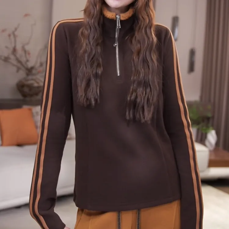 复古港风立领加绒长袖时尚卫衣秋冬季2025新款女士半拉链休闲上衣
