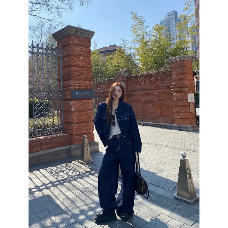 美式复古高级感翻领宽松牛仔长袖外套上衣高腰百搭直筒休闲阔腿裤